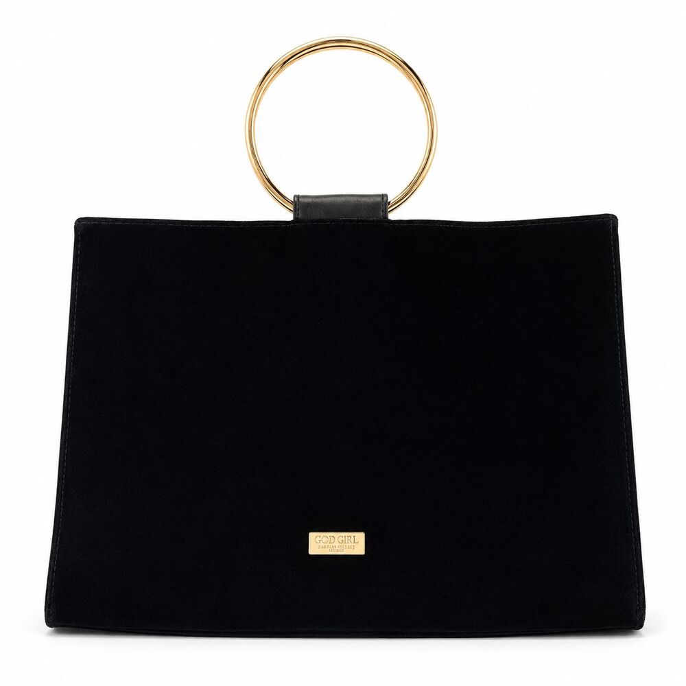 Carolina Herrera Top Handle Bag Women's Velvet Black Ring Handle Gold Hardware